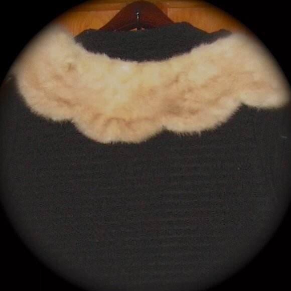 Vintage Black Ottoman Ribbed Wool Coat w/ Real Fur Collar - Picture 5 of 6